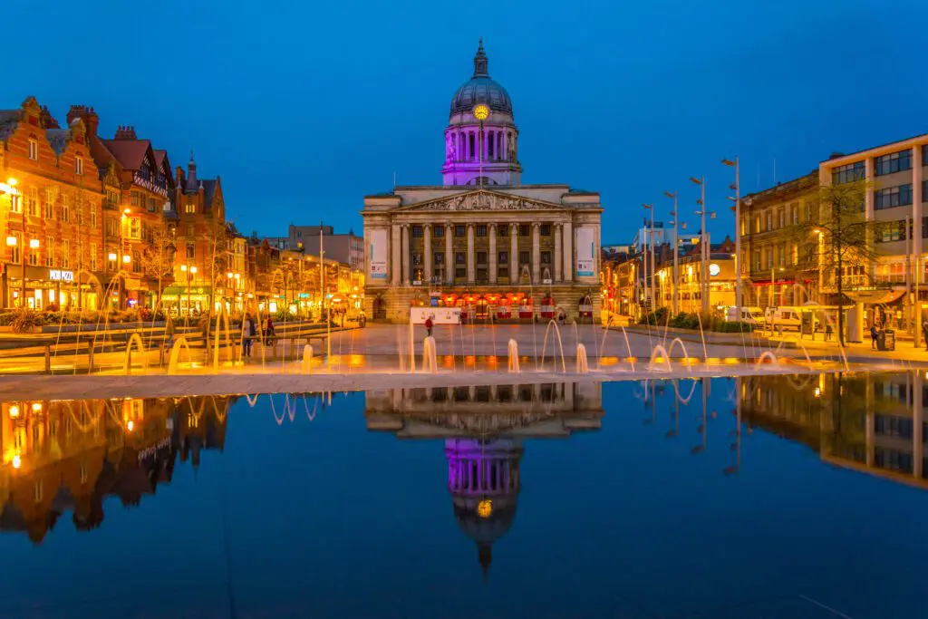 Image of a water fountain in front of a monument in Nottingham where we do Pat Testing