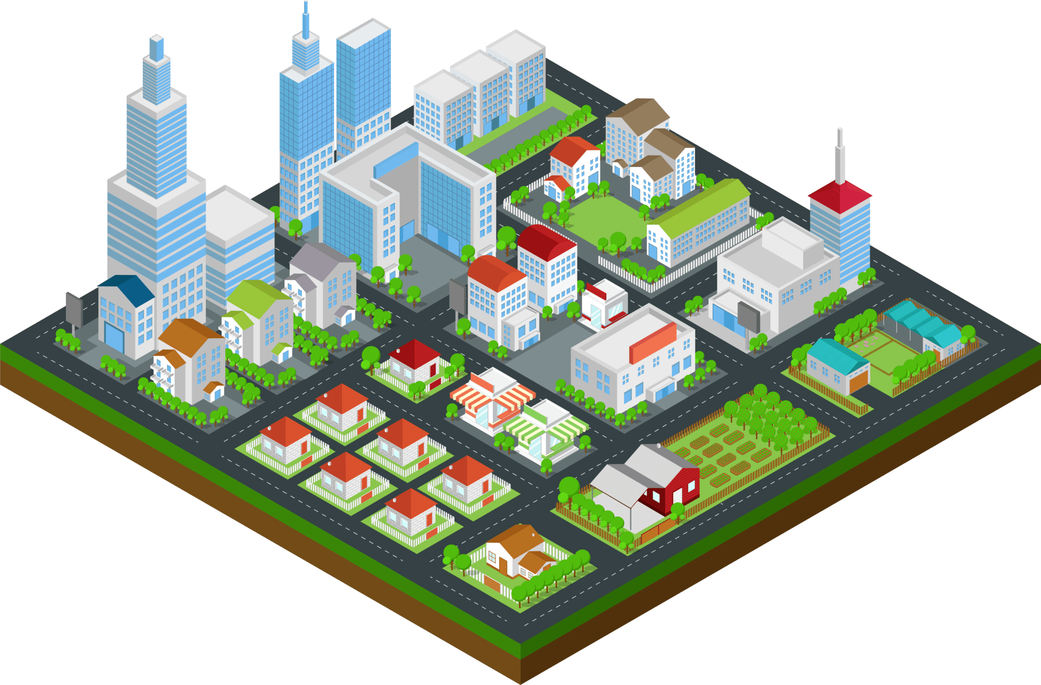 Infographic of a buidlings including houses, shops and barns