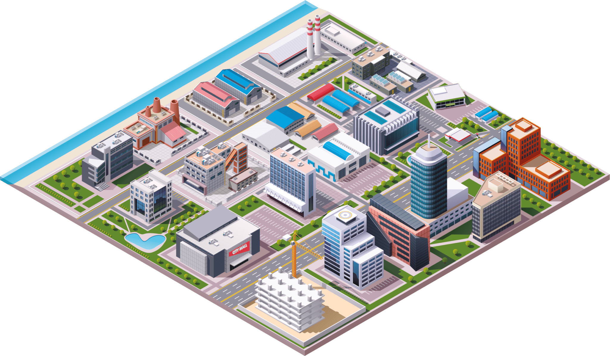 Infographic of a building site with multiple buildings