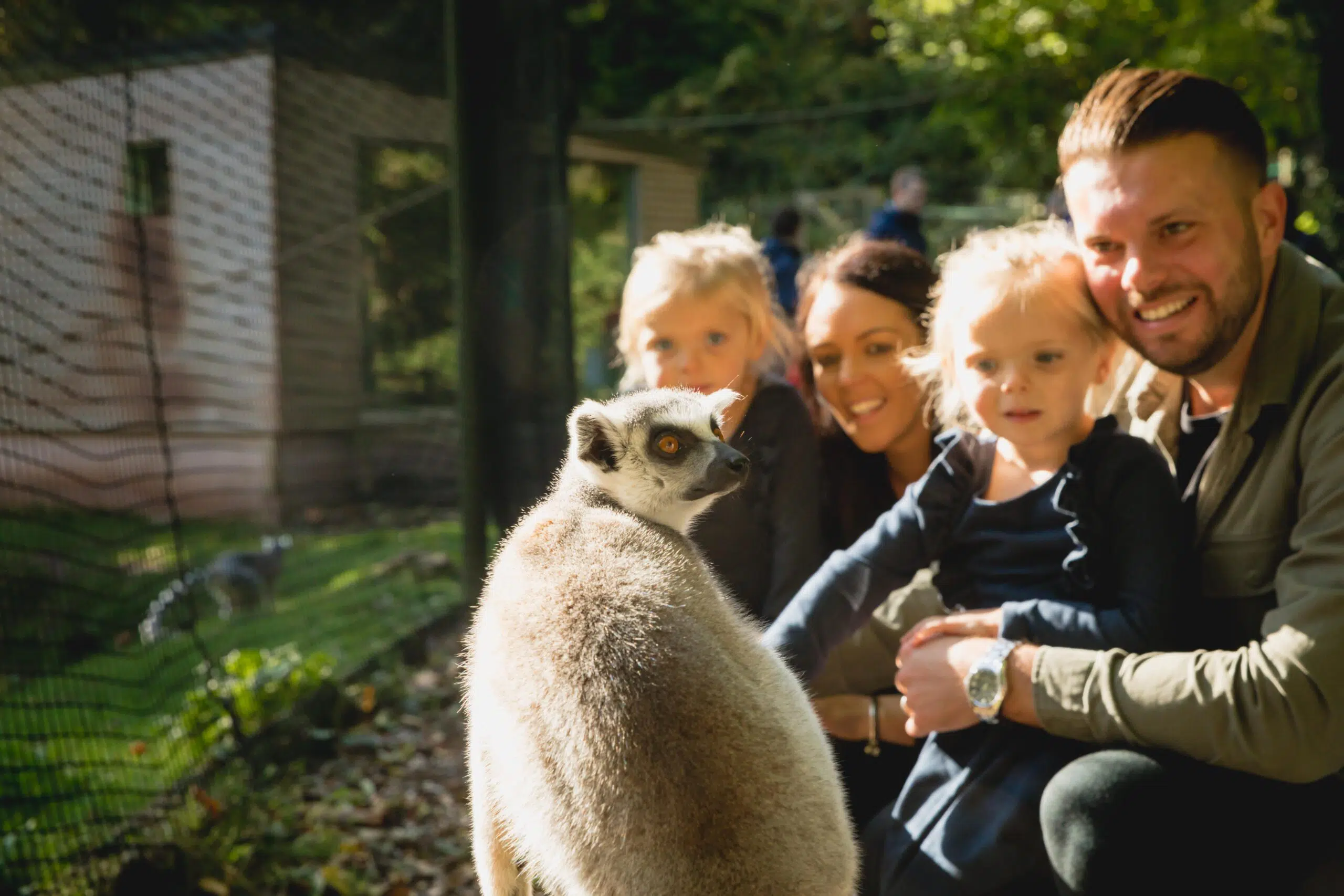 A family crowding around a lemur looking away from the camera