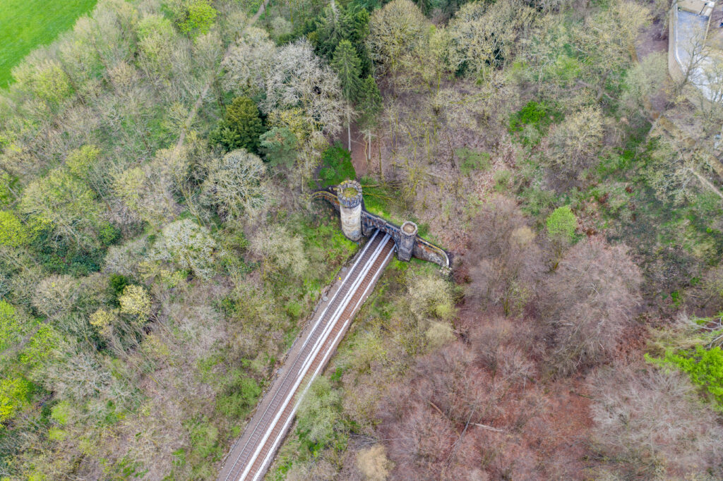 The famous Bramhope Tunnel North Portal, aerial footage Gothic c