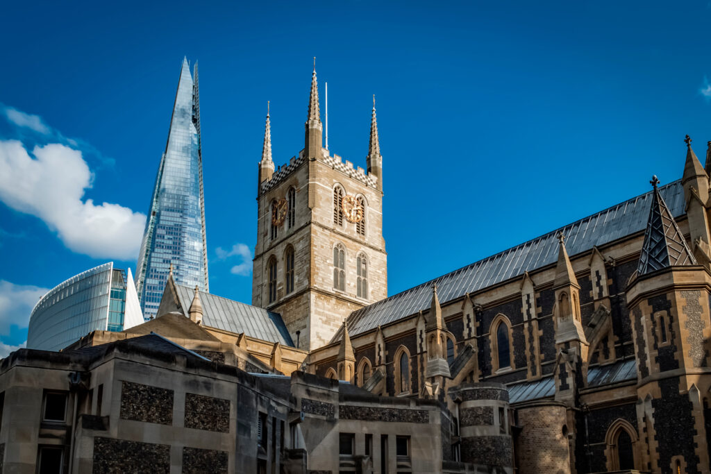 Southwark Cathedral or The Cathedral and Collegiate Church of St Saviour and St Mary Overie, Southwark, London, lies on the south bank of the River Thames close to London Bridge. It is the mother church of the Anglican Diocese of Southwark. It has been a place of Christian worship for more than 1,000 years, but a cathedral only since the creation of the diocese of Southwark in 1905