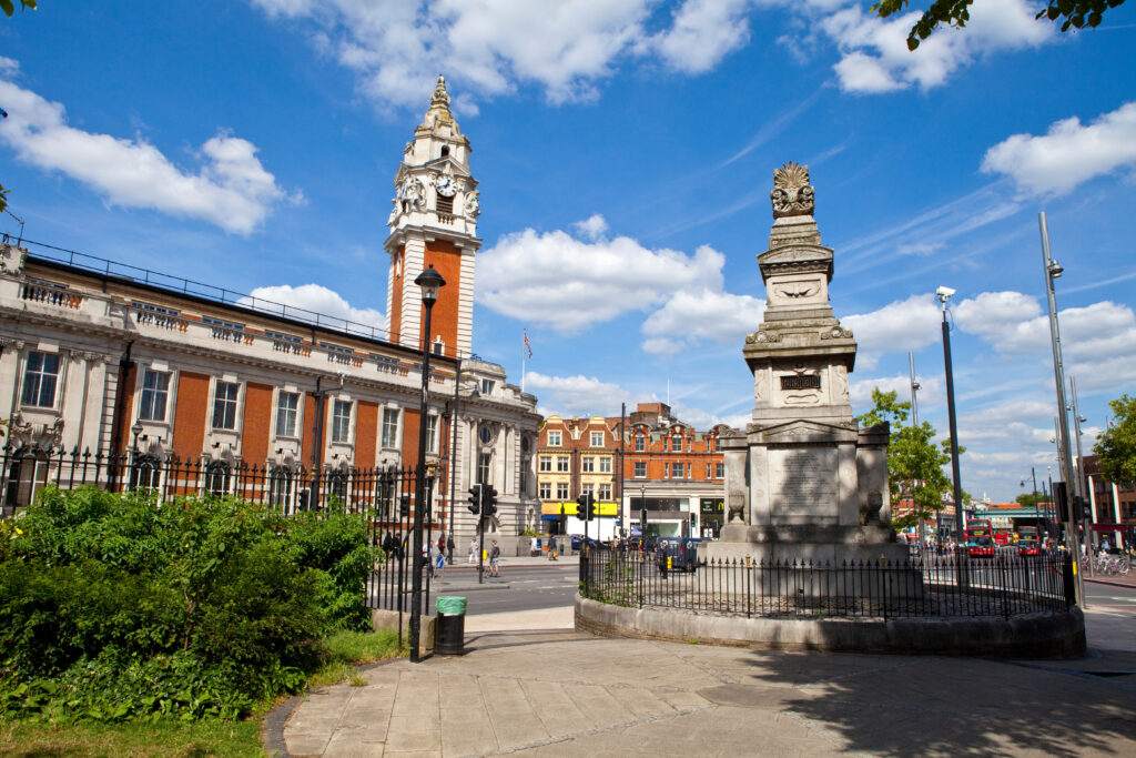 The Budd Memorial and Lambeth Town Hall in Brixton, London.